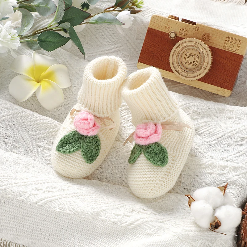 Newborn Baby Shoes Fashion Floral Bow Warm Infant Socks Girl Boots Knitted Toddler Slip-On Solid Crochet Handmade 0-18M Footwear