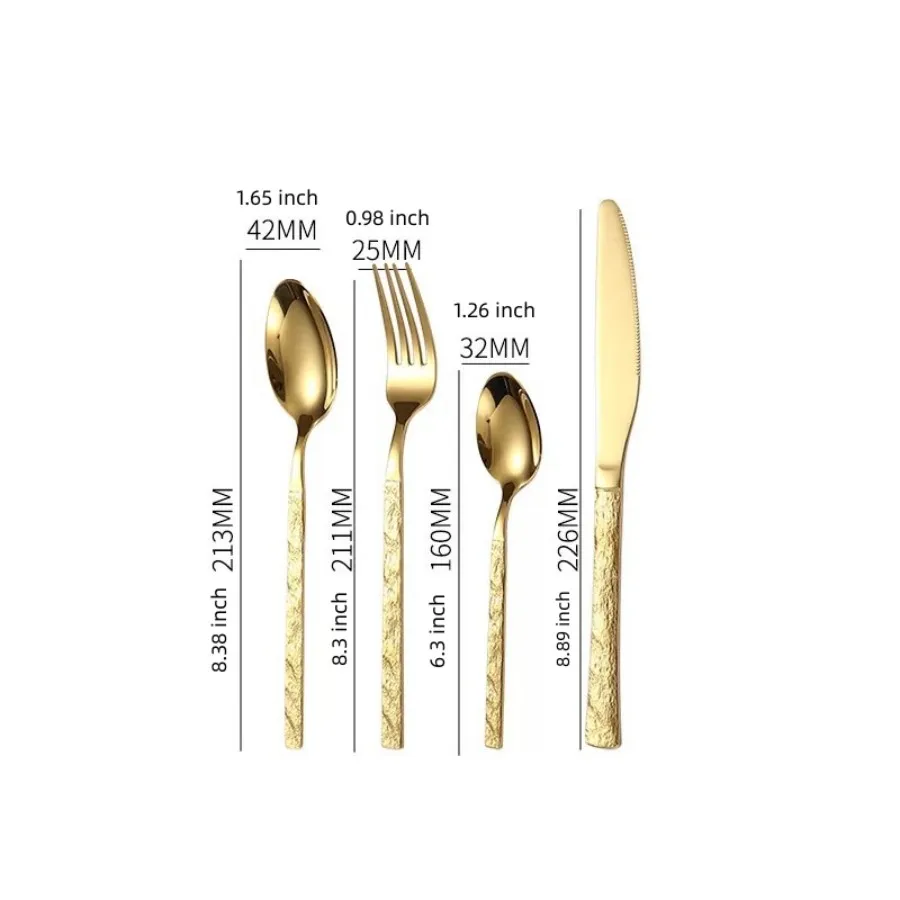 24pcs Stainless Steel Gold Cutlery Set Stone Grain Handle Knives Fork Tea Spoons Tableware Dinnerware Silverware Dishwasher Safe