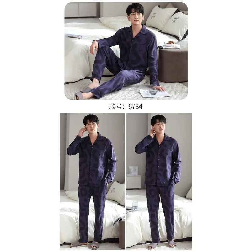 2024 New Pajama Men Spring Autumn Long-sleeved Cotton Sleepwear Loose Plus Size Simple Homewear Suit V-neck Loungewear