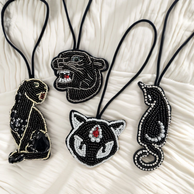 3D Handmade Beaded Water Diamonds Animal Cat Tiger Leopard Applique Hanging Rope DIY Accessories Hanging Rope Patch Bag Charm