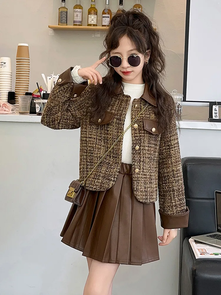 

Girls' Autumn and Winter New High-end Patchwork Leather Internet Celebrity Blazer and Pleated Skirt Two-piece Set