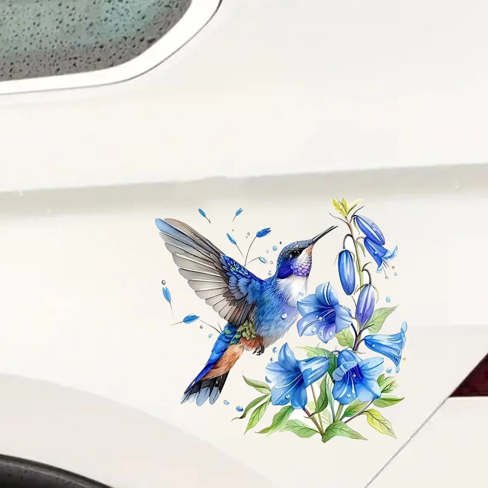 QT2521#Vibrant Hummingbird & Blue Flower Vinyl Sticker Laptops, Trucks, Motorcycles, Windows, Car Decoration  Design  Vinyl