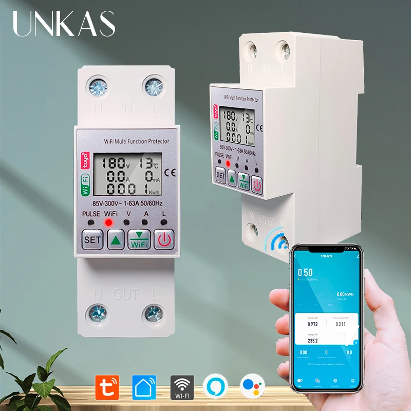 

UNKAS Tuya WIFI Breaker Overvoltage / Undervoltage / Leakage Multifunction Protection Alexa Google Smart Switch Prepaid Meter