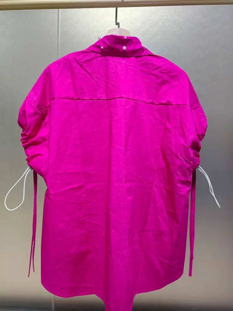 Real Photo Pears Beads Stitch Loose Casual Cotton Shirts Blouses Women 2025 Summer Short Sleeve  Tops Woman Clothing