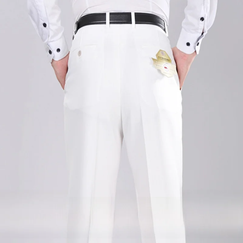 Spring Autumn Men's Pure White Linen Suit Pants Casual Silk Dad Jeans Loose Fit Business Gentleman Style Elastic Waist Trousers