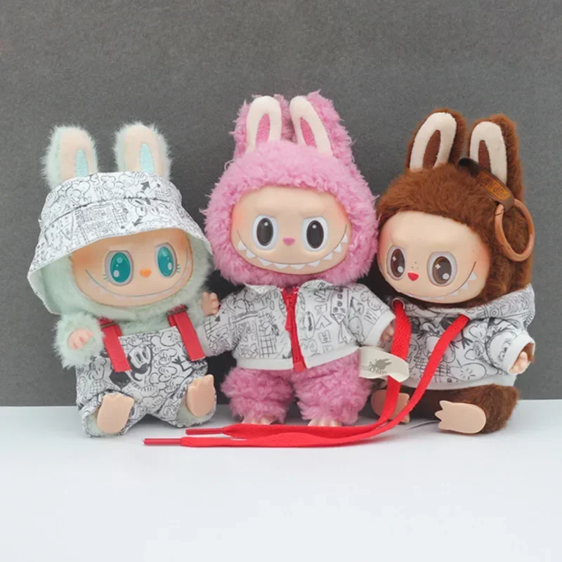 Doll Labubu  Figurine Suitable Clothes Trendy Cute Printed Graffiti Hoodie Cardigan Fisherman Hat Strap Pants Christmas Gifts