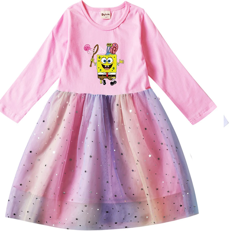 

Potdemiel SpongeBob Kids Dresses Party Long Sleeve Costume Fall Dresses for Girls Teen Children's Prom Mesh Dresses