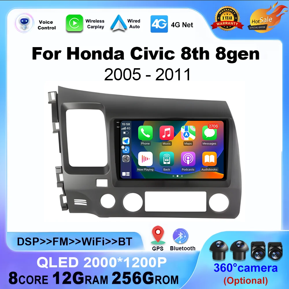 

Беспроводная автомобильная стереосистема Carplay Android Auto для Honda Civic 8th 8gen 2005 2006 2007 2008 2009 2010 2011 GPS Мультимедийный плеер