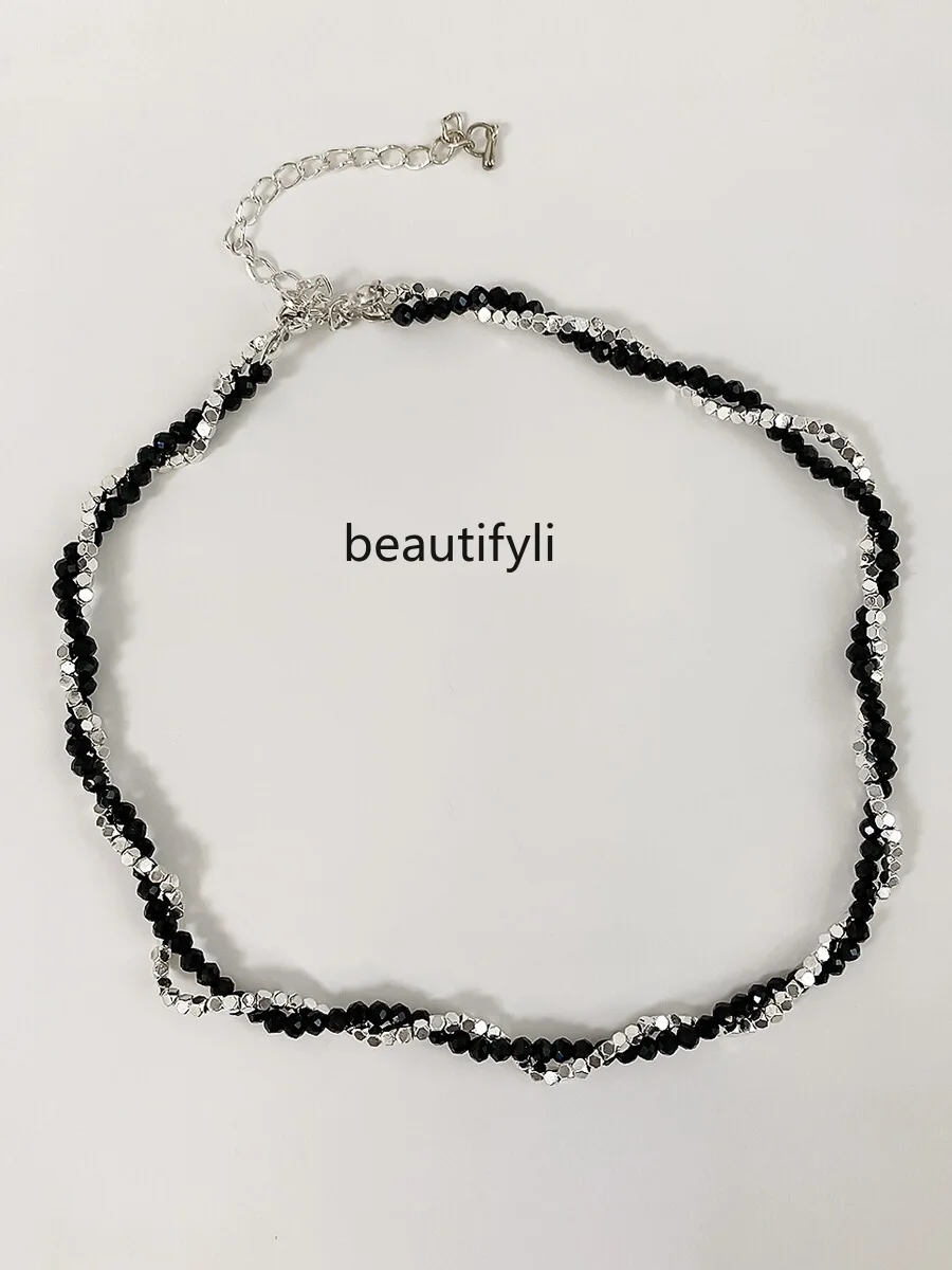 Elegant Beaded Black Agate Small Pieces of Silver Double-Layer Winding Fashion Necklace Niche Design Clavicle Chain