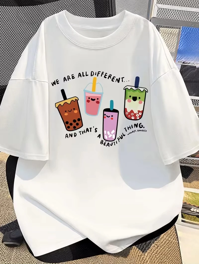 Unisex T‑shirt Cute Boba Bubble Tea Positive Quote Graphic Tee Crew Neck Short Sleeve Kawaii Drink Inspirational Print Top