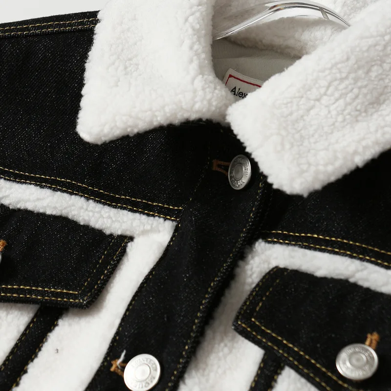 ANJY Autumn Winter New High Street Ins Contrast Color Patchwork Denim Pockets Turn-down Collar Single Breasted Ruched Coat A8021