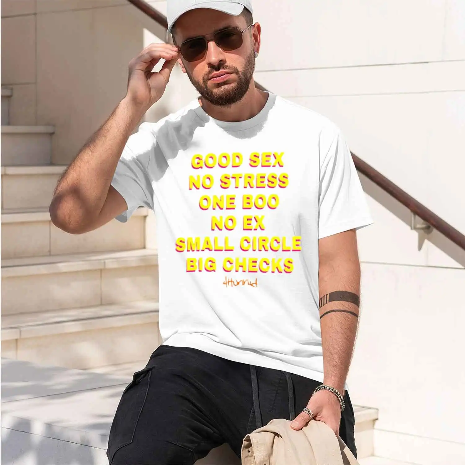 Casual Humor Men's T-Shirt Good Sex No Stress One Boo No Ex Small Circle Big Checks Graph Design For Everyday Wear Summer And Sp
