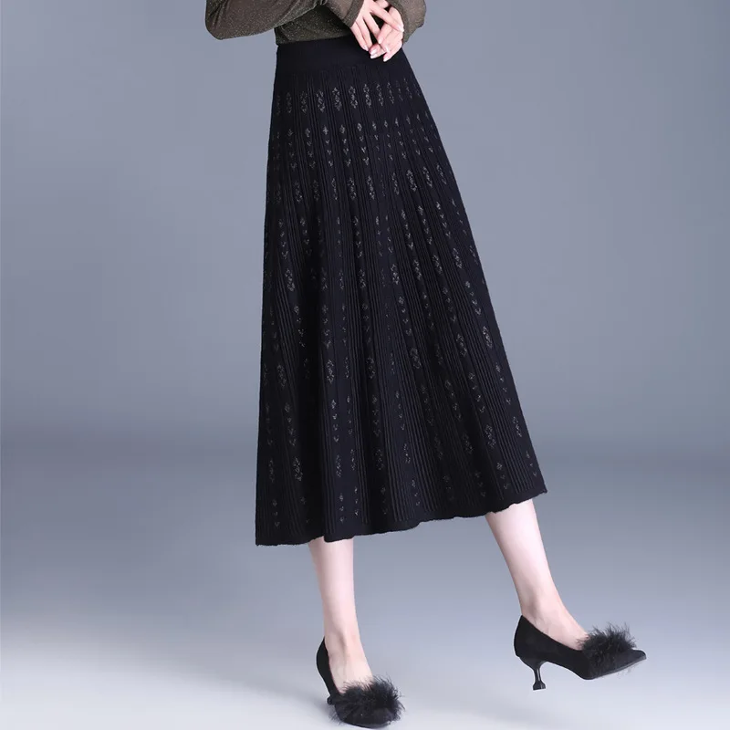 #1665 Black Office Knitted Skirt Women Stretch Knitwear A-line Skirt Ladies Elastic High Waist Office Skirt Female Loose Pleated