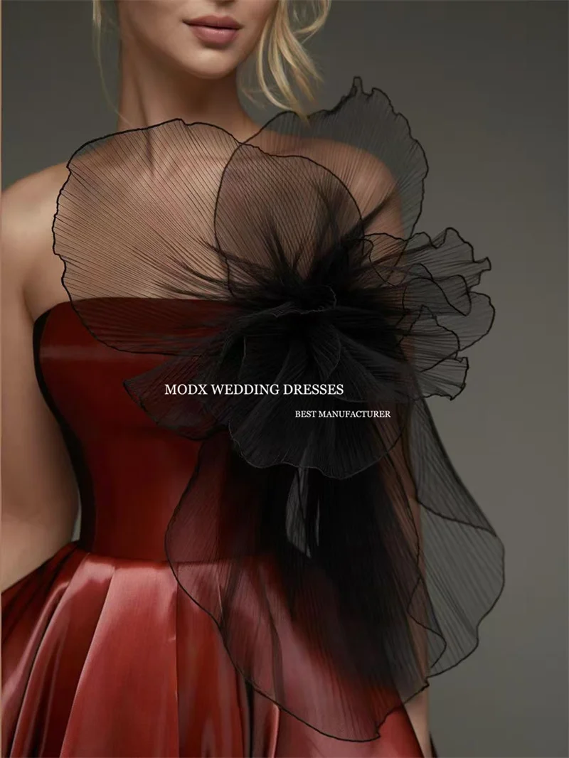 MODX Moderne Donkerrode Avondjurken Strapless Strik Theelengte Formeel Evenement Gelegenheidsjurken Zijde Satijn AANGEPASTE