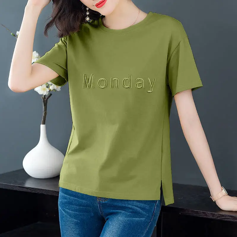 Short-sleeved T-shirt  Women Loose Large Size Women's Clothing to Make Middle-aged Mother Embroidered Top