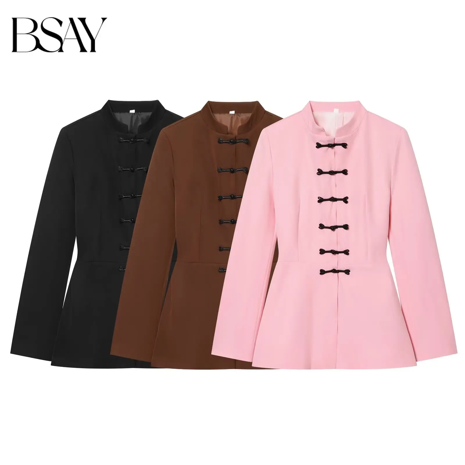

BSAY 2026 New Chinese Style Women Frog Button Jacket Stand Collar Long Sleeve Slim Fit Solid Color Casual Blazer Coat