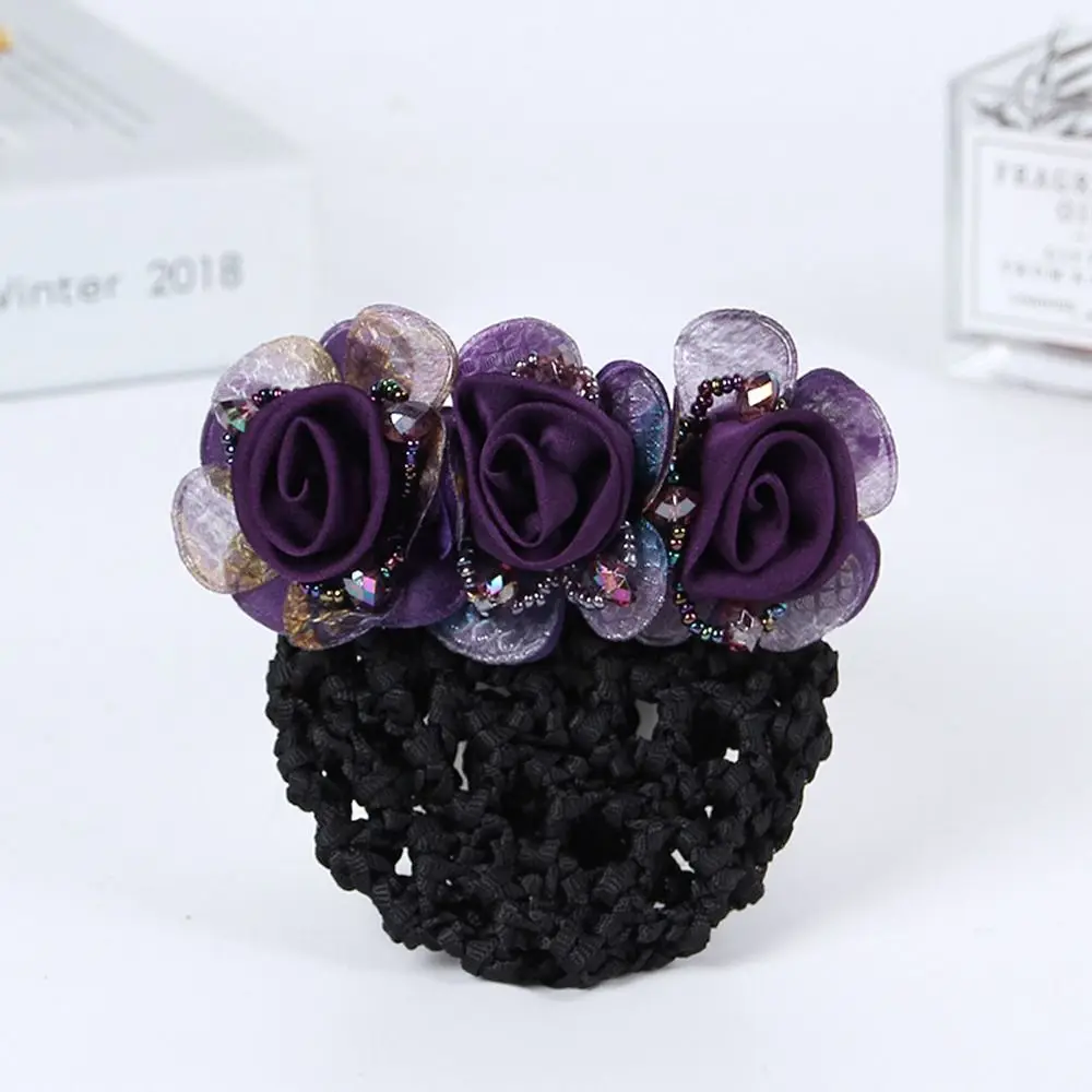 Elegant Roses Hairclip with Net Hair Bun Cover Bun Snood Women Hairgrips Flight Attendant Nurses Barrettes Hair Accessories