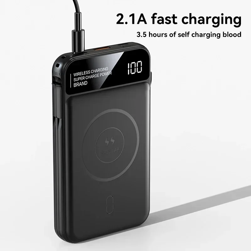 20000mAh For IPhone Xiaomi Fast Charging Magnetic  Portable Power Bank Wireless Charging Power Display with Detachable Cable
