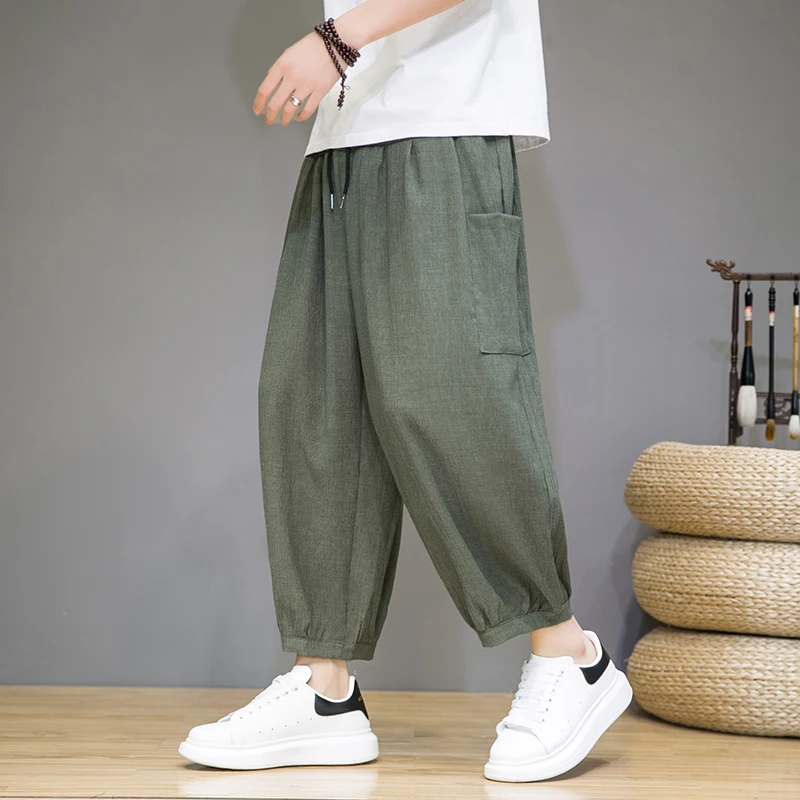 

Men's Summer Thin Straight Loose Harlan Pants 7/8 Length Casual orts Breathable Comfortable Faionable Youthful Chinese Sle