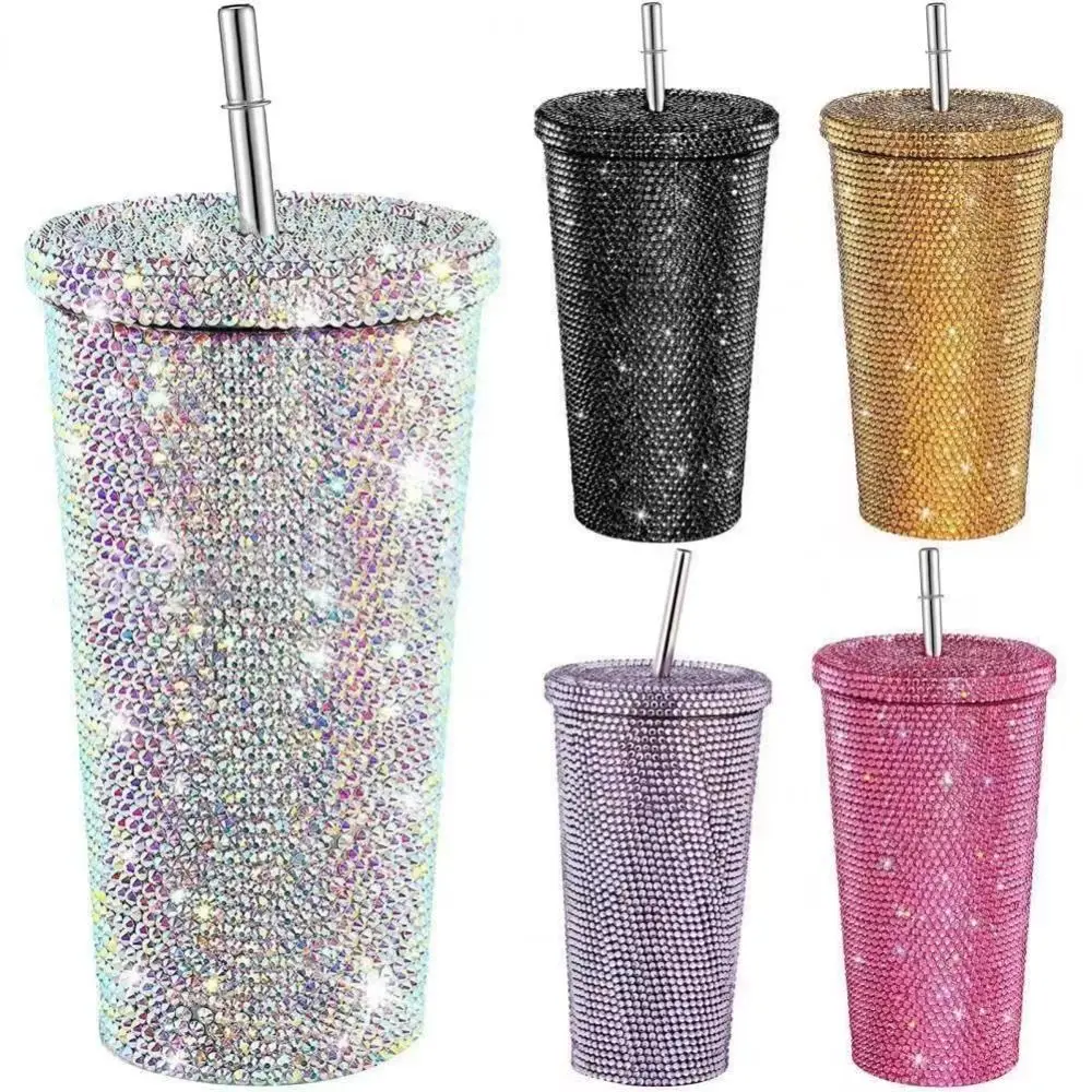 

500ml/750ml Rhinestone Thermos Bottles Double Layer Insulated Vacuum Flasks Shining with Lid Straw Glitter Coffee Cup