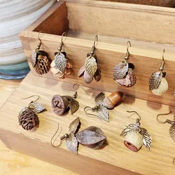 New Fashion European and American Retro Forest Pinecone Drop Earrings Creative Long Wooden Natural Dried Fruit Tassel Earrings