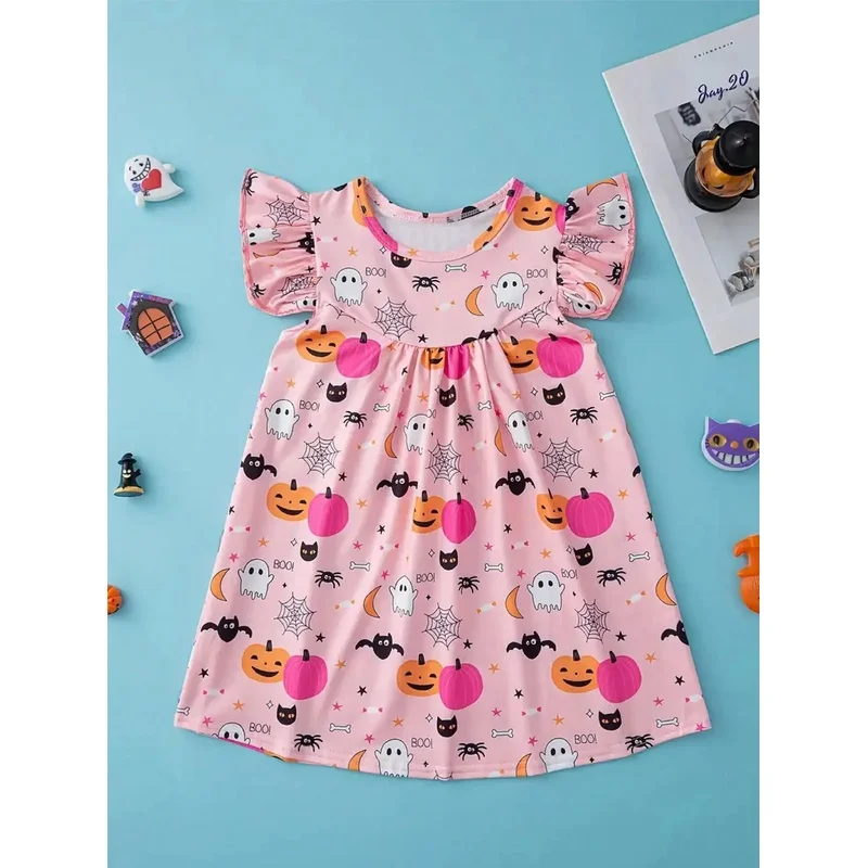 Children's Halloween Cartoon Print Dress Casual Elegant Fashionable round Neck Ruffled mid Length Skirt for Kids
