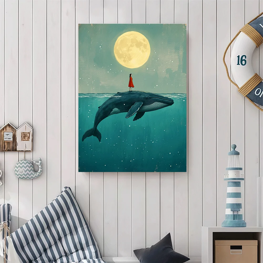 1PC-Unframed Canvas poster wall decoration  Whale Woman Moon Night Ocean Art Print Canvas Poster