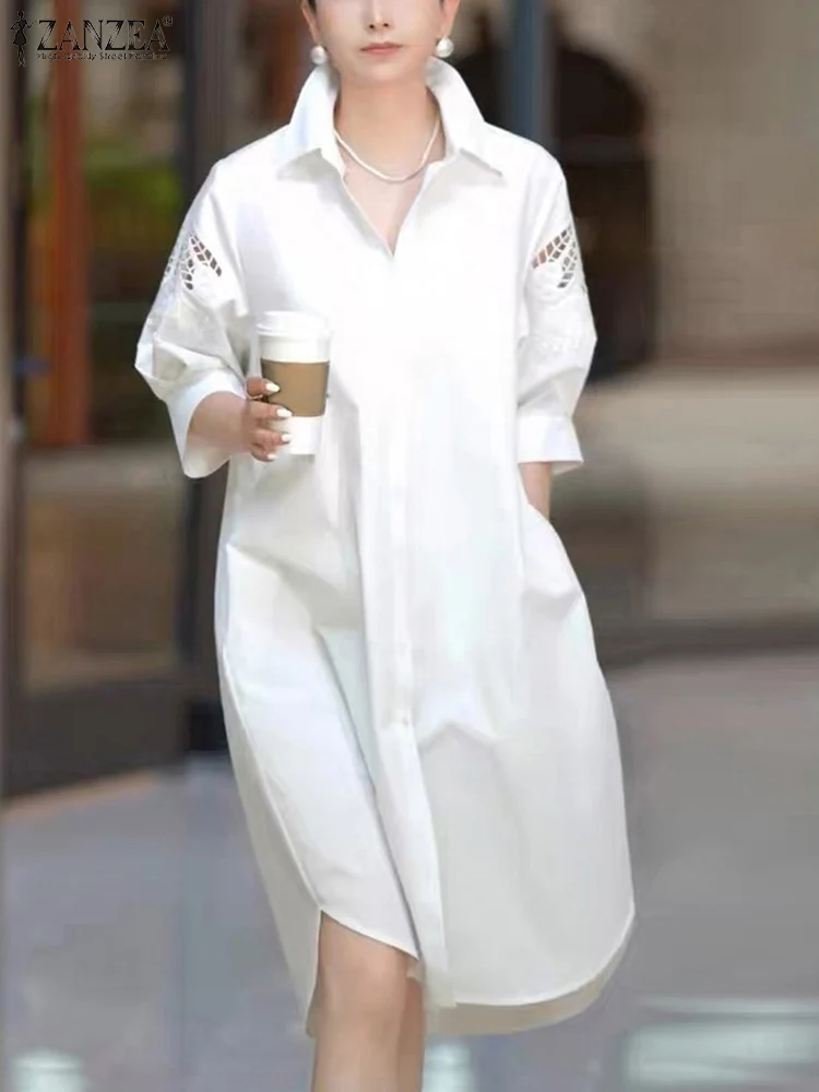 ZANZEA Summer Fashion Women Shirtdress Elegant Office Work Dress 3/4 Sleeve Lace Crochet Sundress Bohemain Holiday Vestidos