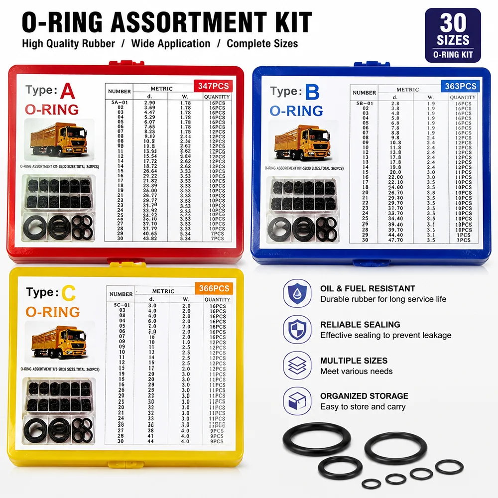 O Ring Seal Kit 347/363/366PCS NBR Rubber O-Ring Assortment Set Metric Sizes Hydraulic Automotive Repair Sealing