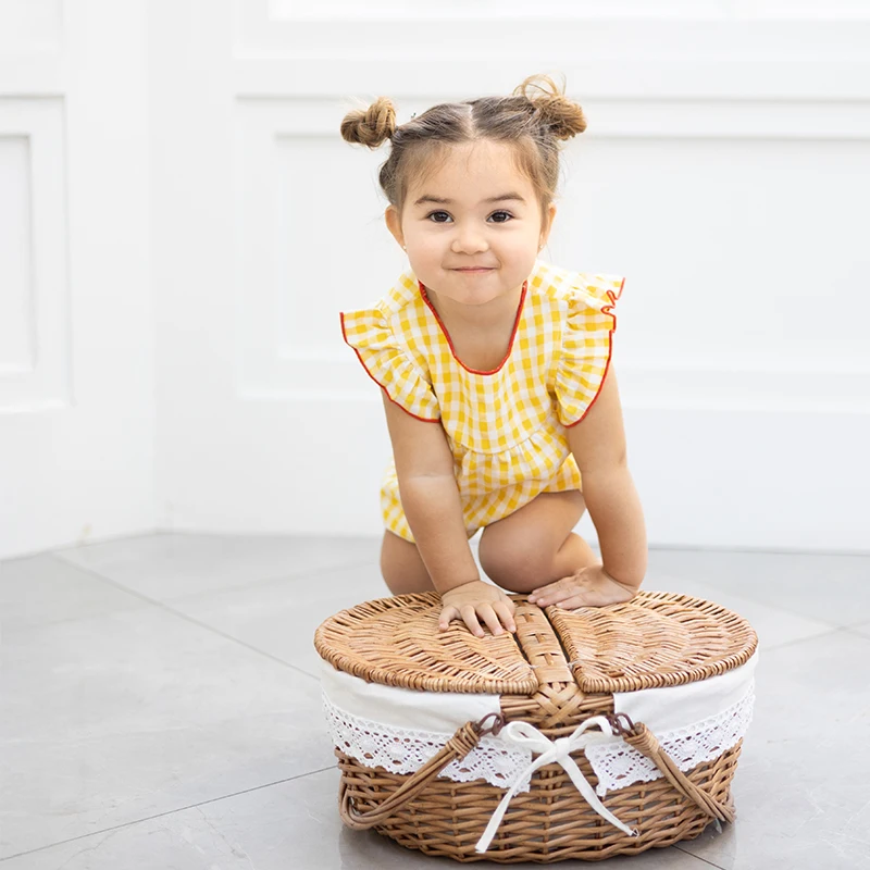 Ali Plus SS25 conjunto de verão gingham amarelo e branco com ponto vermelho meninas vestido macacão de bebê meninos top e calças e conjuntos de crianças pequenas