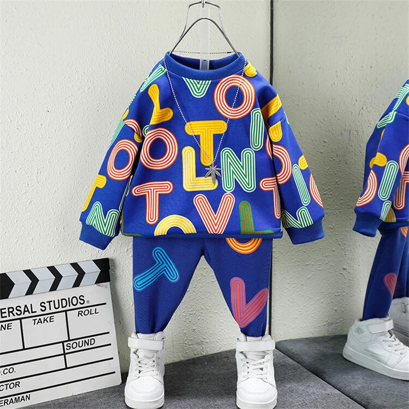 Boys Suit Sweatshirts +Pants Cotton 2Pcs/Sets 2023 Scoop Spring Autumn Sports Sets School Outdoors Thicken Children Clothing