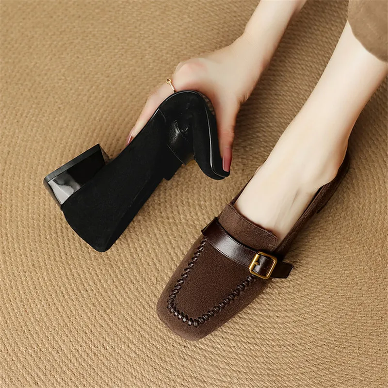 New Autumn Winter Sheep Suede Women Shoes Fashion Retro Square Toe Shoes for Women Genuine Leather Low Heel Women Pumps Loafers