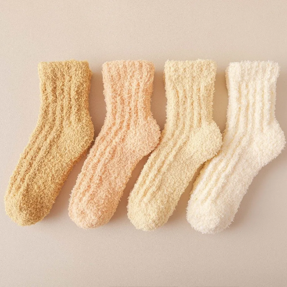 

1/4 Pairs Soft Winter Coral Velvet Socks Solid Color Thickened Cotton Socks Fluffy Warm Floor Socks Men