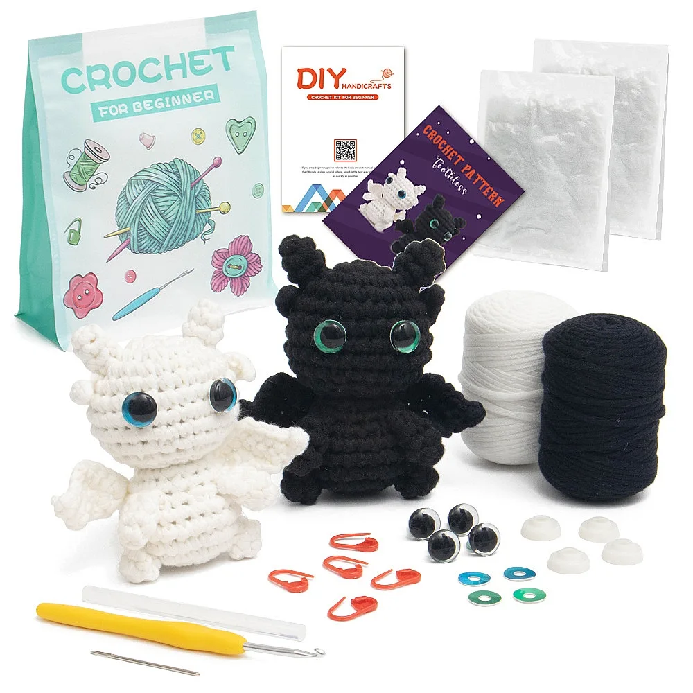 Crochet DIY Kit Black White Toothless Doll Handmade Knitting Yarn Set Craft Gift