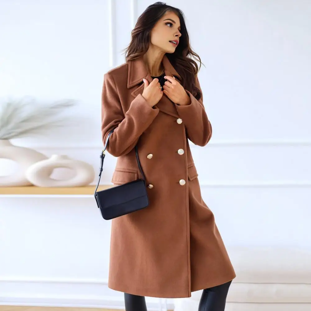 2025 Women Winter Overcoat Turn-down Collar Pockets Pure Color Double-breasted Cardigan Thermal Women Formal Long Commuting Coat