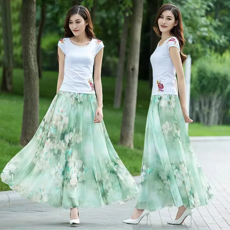 High Waist Women Summer Autumn Chiffon Skirts Elastic Waist Midi Full Long Skirt Print A-Line Mother Dance Swing Skirt DURIKIES