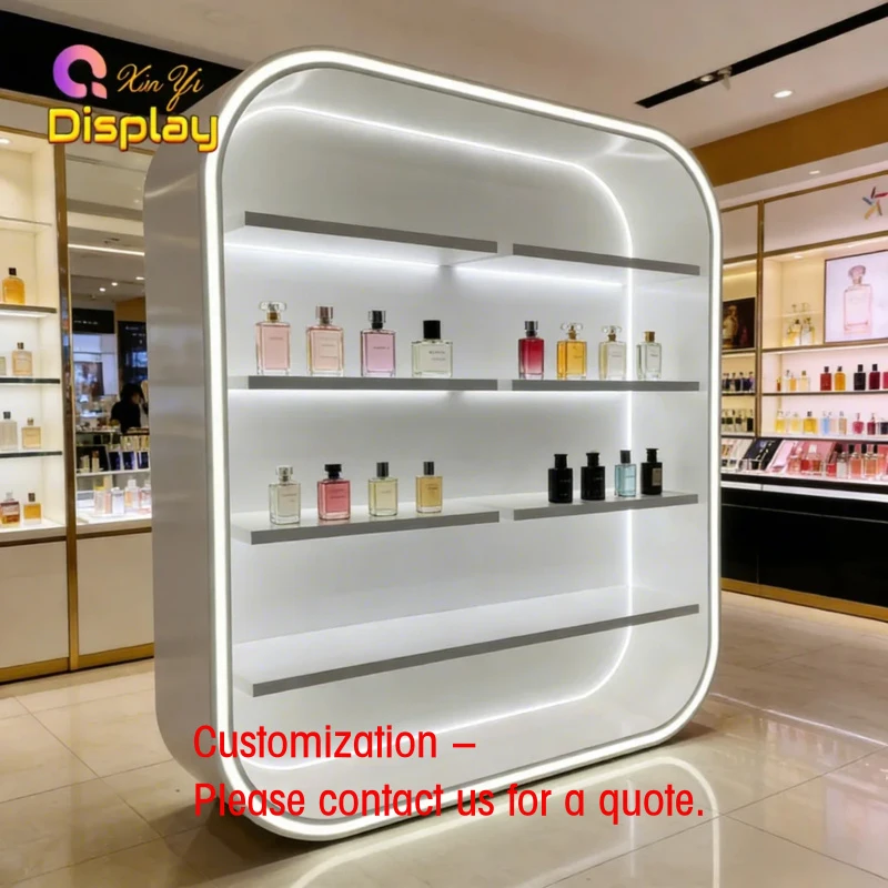 custom.XINYI Top Sale Custom LED-Lit Recyclable Luxury Modern Stainless Steel Cosmetic Retail Display Fixtures