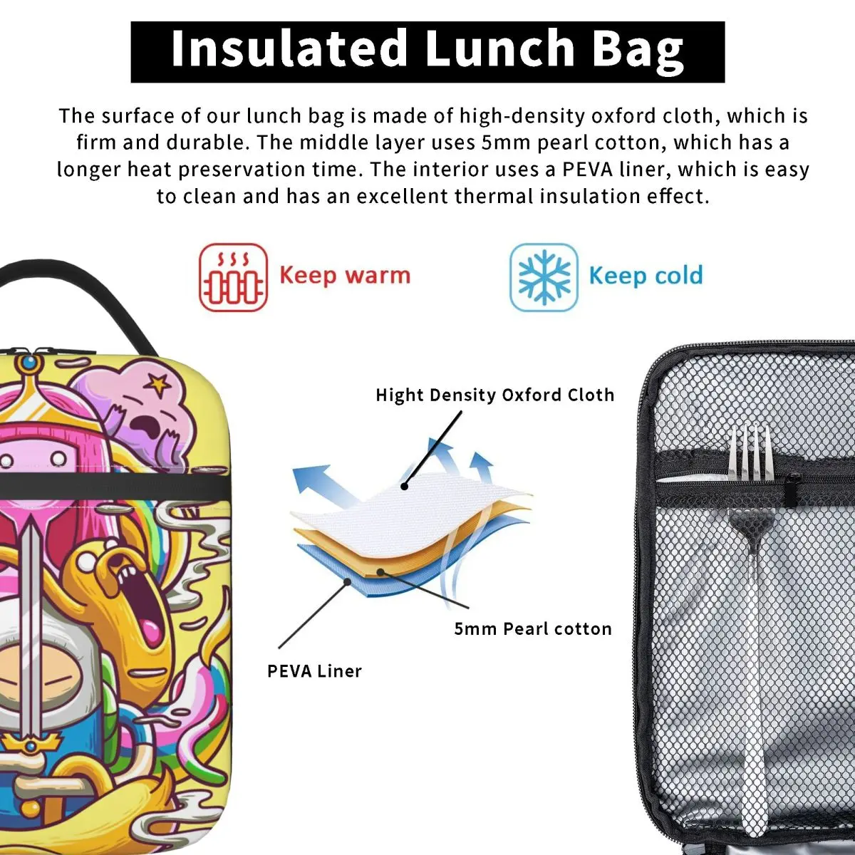 Bolsa de almuerzo con aislamiento animado de Adventure Time Fantasy, contenedor de comida de alta capacidad, bolsa térmica, caja de almuerzo, bolsas de almacenamiento de alimentos