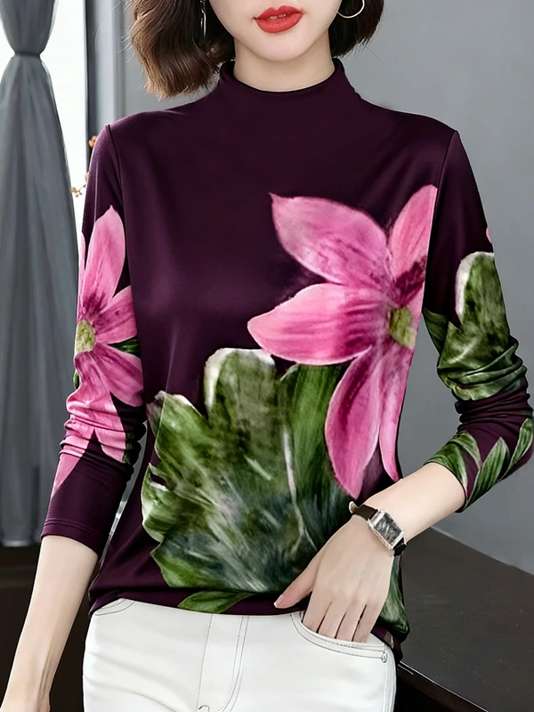 

Thickened Fleece Long Sleeve Printed Half High Collar Slimming Belly Covering Warm Top for Middle-Aged Women Floral Plant Pat...