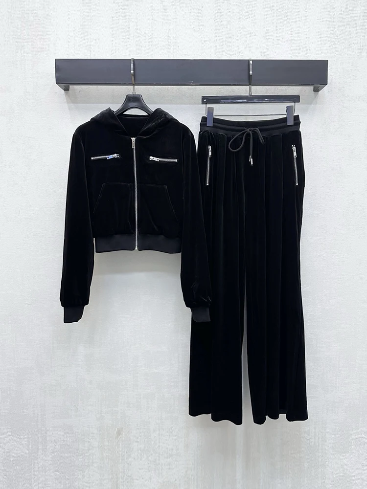 Spring Autumn Fashion Black Velvet Vintage Wide Leg Pants Suit Women's Hooded Long Sleeve Jackets + Drawstring Waist Trousers