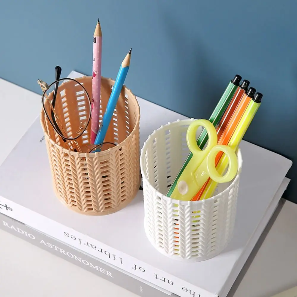 Creative Rattan Pen Holder Plastic Multi-functional Makeup Brush Container Hollow Solid Color Storage Box