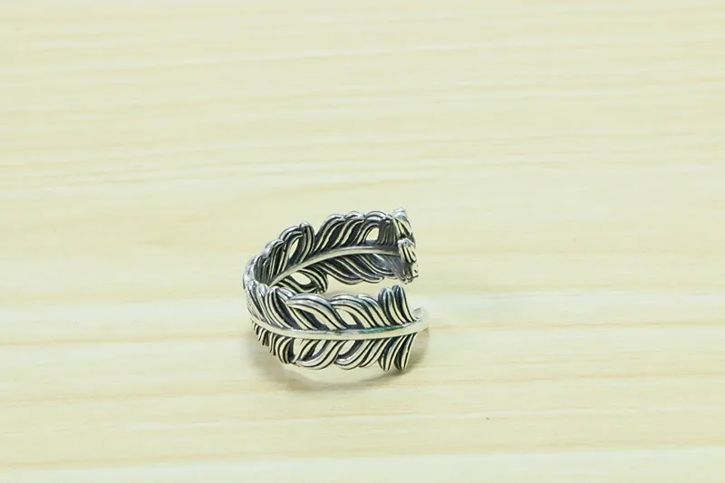 Handsome Sterling Silver Feather Ring Men's Vintage Fashion Versatile Style Fashion Food Ring Single Ring Index Finger