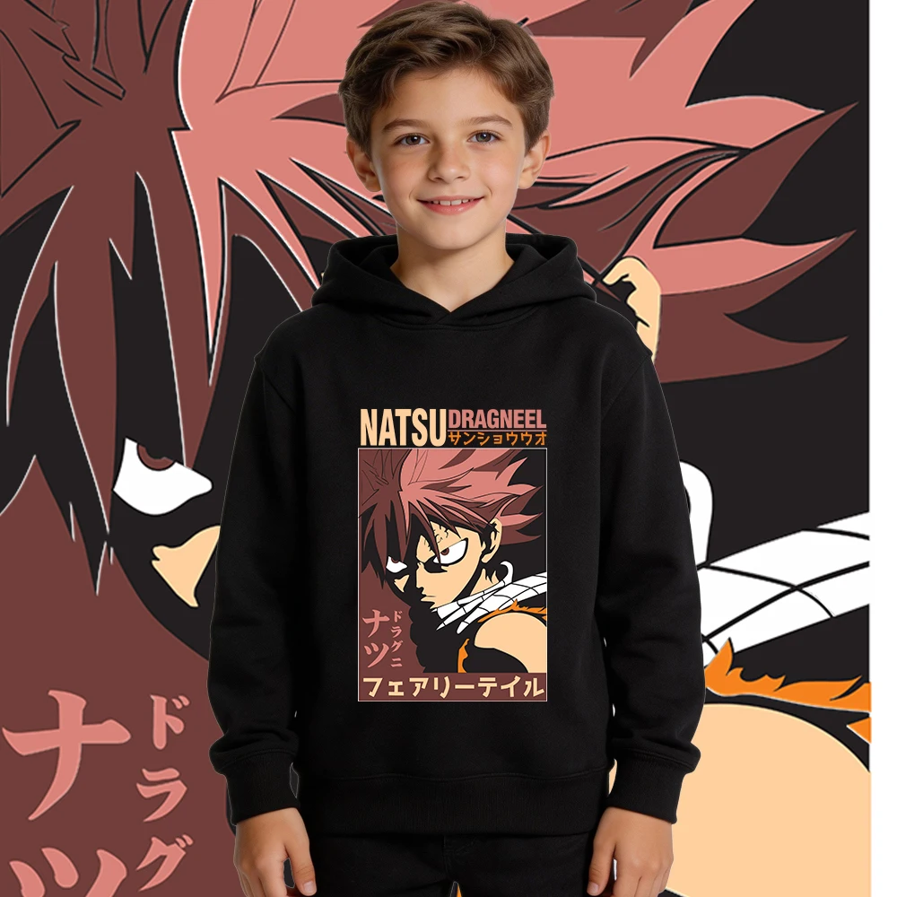Fairy Tail Natsu Anime Print Hoodie Kids Boys Girls Fleece Lined Warm Pullover Casual Sweatshirt for Autumn Winter