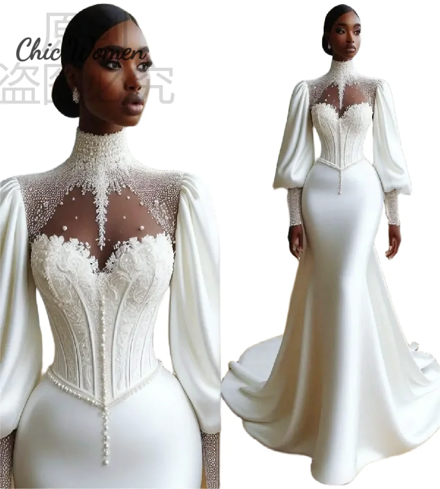 Stunning African Wedding Dress Aso Ebi High Neck Pearls Mermaid Bridal Gowns Long Sleeve Satin Bohemian Gypsy Civil War Bride