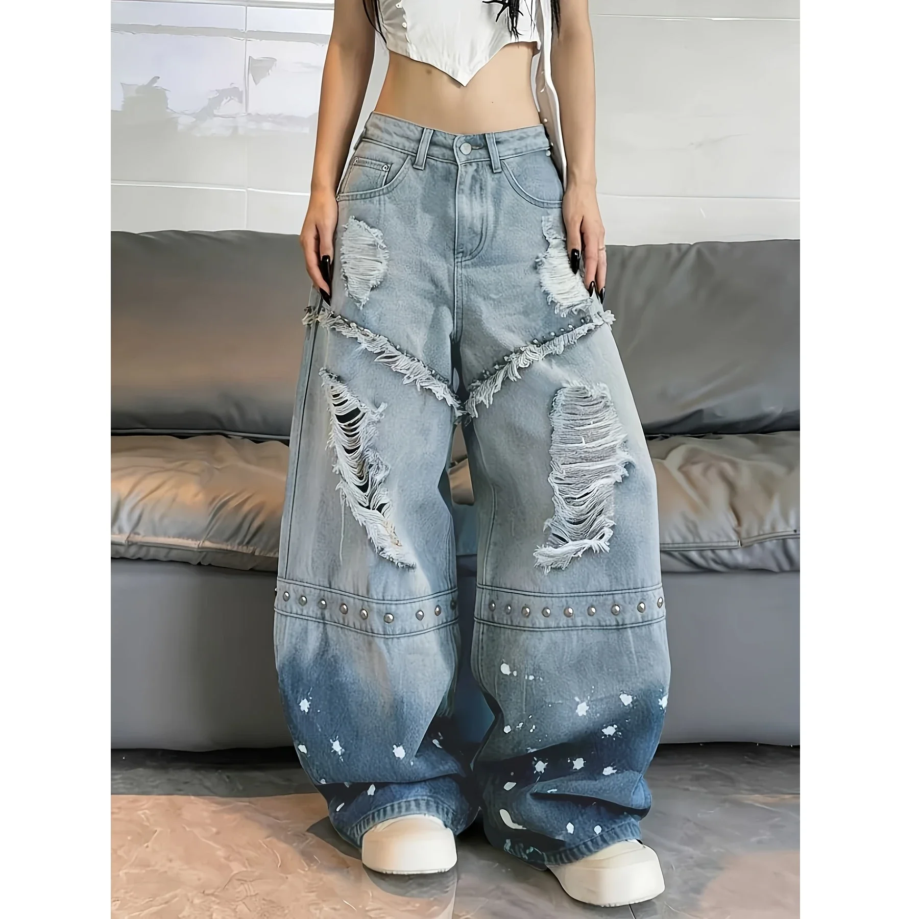 Women's Jeans Womens Pants Casual Loose Fit Ripped Denim Wide Leg Pants With Patchwork Frayed Hem And Rivets Street Fashion