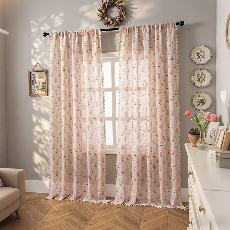 Pastoral Floral Linen Through-Bar Curtain Room Decorating Interior Half-Shade Window Curtains Spring Decoration Window Curtains