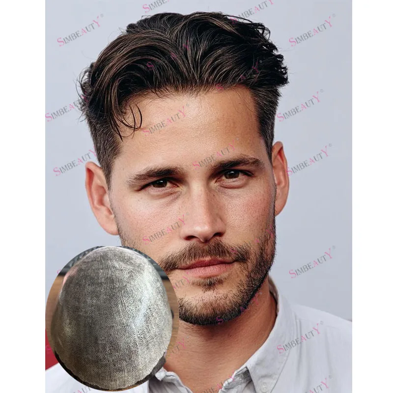 

Супер натуральная линия волос, тонкие мужские парики из натуральных волос, капиллярный протез, долговечные темно-коричневые блондинки, серые, черные мужские шиньоны