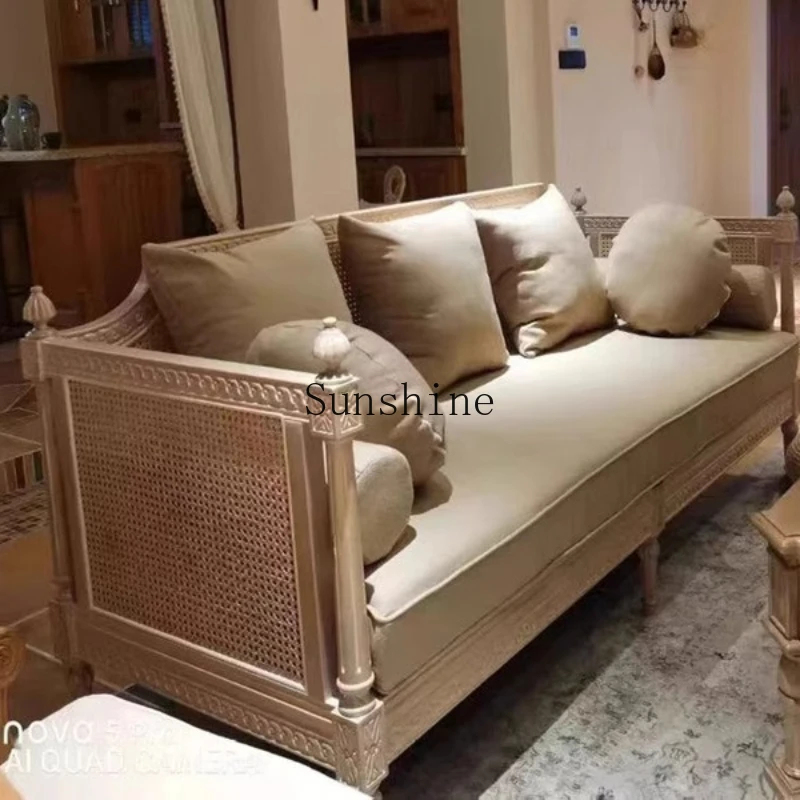 

American solid wood fabric sofa triple combination small apartment living room retro braided rattan pumping dual-purpose