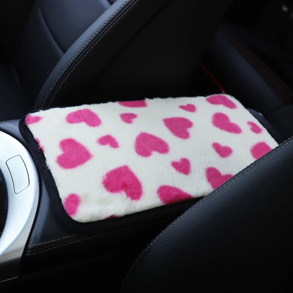 وسادة وحدة التحكم المركزية للسيارة من القطيفة على شكل قلب أرنب من القطيفة الدافئة للشتاء في المنتصف مسند الذراع حصيرة صندوق محمول باليد ملحقات داخلية #4