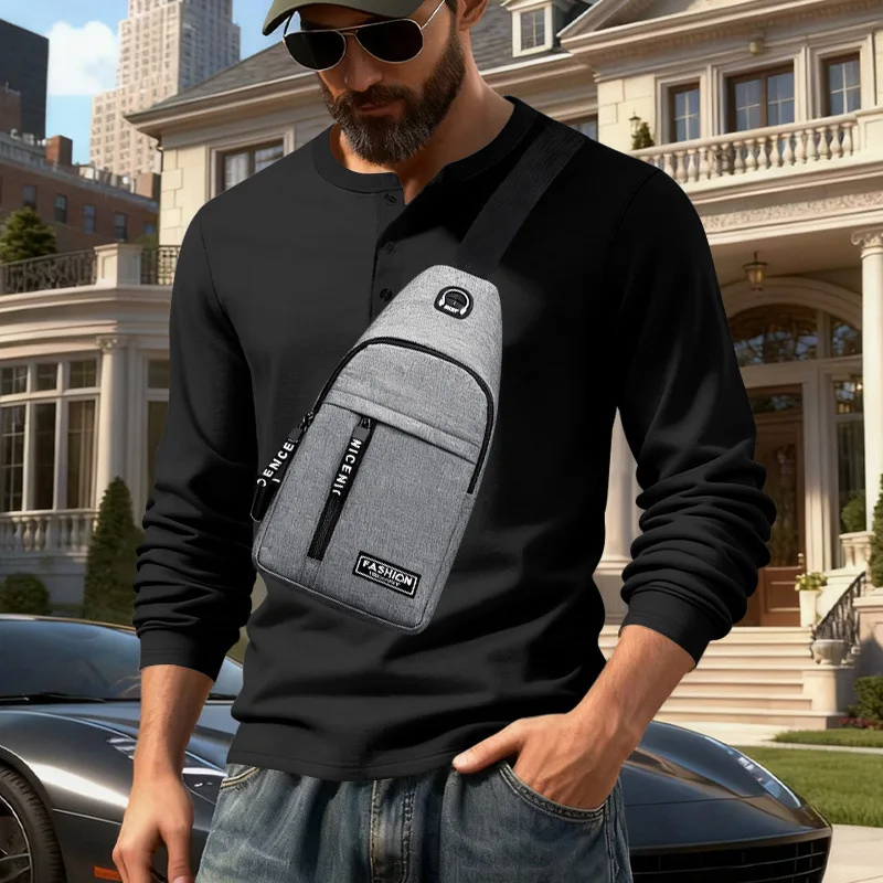 

Men's Henley Neck Long Sleeve T-Shirts Casual Button Solid Color Basic Tops with Sling Bag